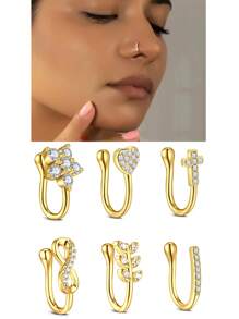 AVYRING 6pcs Silvery Zirconia Star Moon No Piercing Clip On Nose Ring Nose Cuff Fake Piercing Septum Nariz Body Jewelry