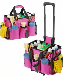Rolling Cleaning Caddy Bag With Detachable Trolley, Professional Portable Large Cleaning Bag With Wheels, Wearable Cleaning Supply Bag On Wheels For Housekeepers, Rose Red - Rose Red - View 1