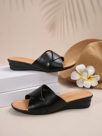 大码女式 43 坡跟凉鞋，休闲假日露趾厚底一脚蹬凉鞋