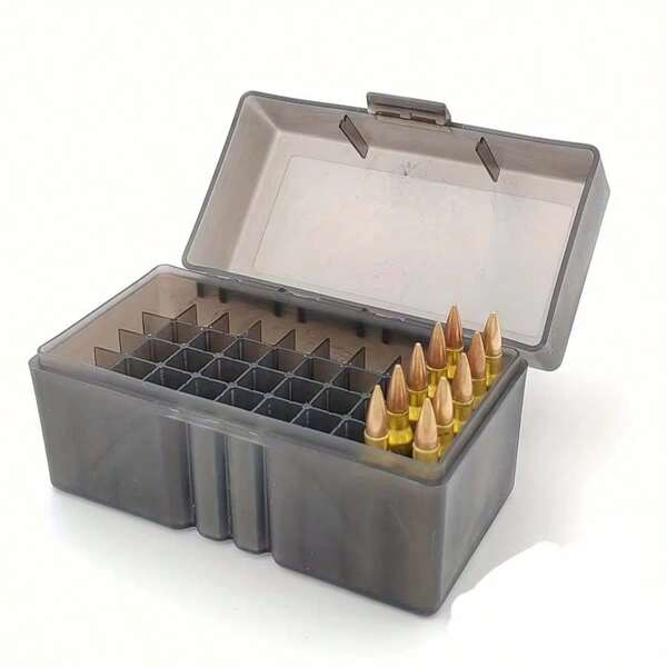 1 pieza Caja de municiones de 50 cartuchos con tapa abatible, estuche para balas, caja de almacenamiento de munición 223, caja de herramientas para accesorios de armas de viaje