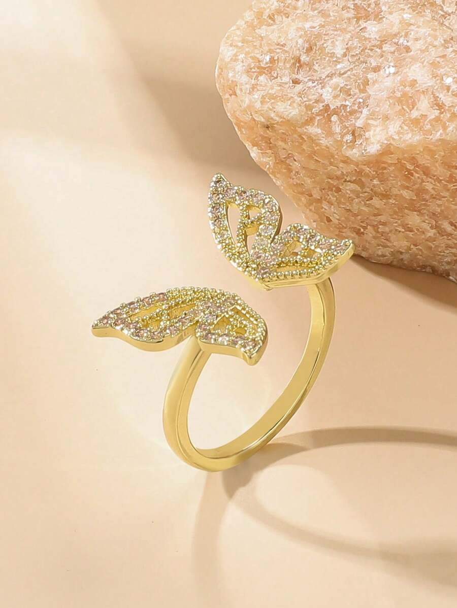 1pc Fashionable Elegant Sparkling Butterfly Adjustable Ring - Yellow Gold - View 1