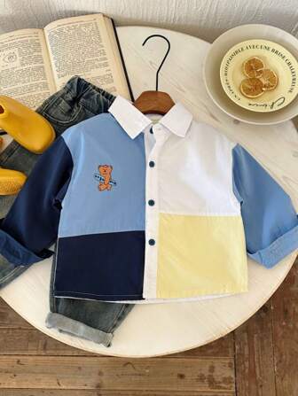 男童拼色休闲百搭衬衫，春季