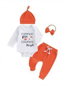 Newborn Baby Halloween Outfit Letter Print Long Sleeve Romper And Pants Beanie Hat Headband Set Baby Boy Girl 4 Piece Clothes - White - View 1