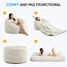 Full/Queen Size Bean Bag Chairs For Adults, 2 In 1 Bean Bag Chairs, Convertible Bean Bag With Filler For Gaming Large Foam, Bean Bags With Washable Soft Corduroy Cover For Living Room - 白色 - 查看 7