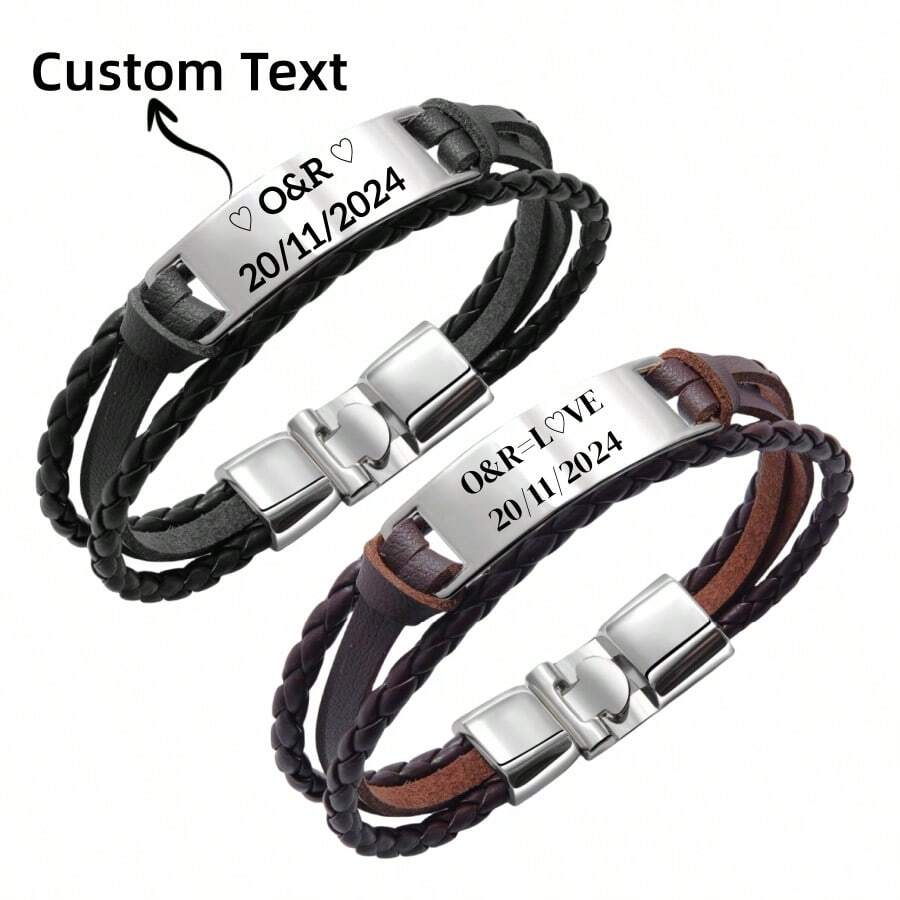 [定制] 1 件多层 PU 皮革和不锈钢男士手链，紫色和黑色朋克编织堆叠手链，个性化男士礼物，适合男朋友、父亲、日常佩戴或礼物 - 彩色 - 查看 1