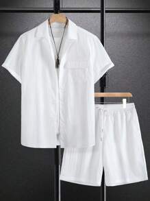 2pcs/Set Men Solid Color Short Sleeve Polo Collar Shirt And Drawstring Waist Shorts Casual Regular Outfit, Spring/Summer - White - View 3