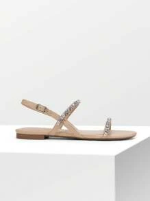 Women Flat Sandals Rhinestone Sparkling Design Summer Open Toe Adjustable Ankle Strap Sandals Fashion Comfortable Vacation Dress Casual Shoes - 杏色 - 查看 6