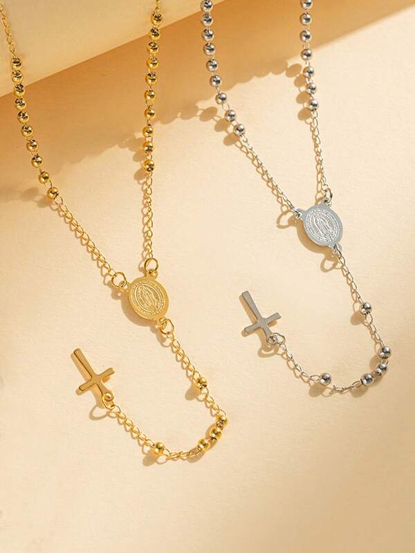 1pc Gold & Silver 3mm/4mm Bead Accented Cross Y-Necklace, Suitable For Holidays, Parties And Daily Wear