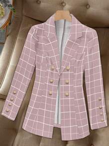 Dames Front Button Plaid Revers Lange Mouw Casual Blazer Jas