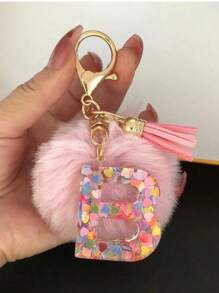 Letter Initial Keychain, Cute Fluffy Ball Keyring, Can Be Hung On Bags, Backpacks, Cars, Ideal Gift For Women And Girls, Also A Wallet And Handbag Accessory. This Tassel Keychain Includes Letters A-Z, Suitable For Commuting Wear. - Pink - View 10
