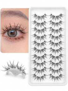 Asiteo 10 Pairs Natural Messy Style Manga False Eyelashes, Short Stalk Clear Band Lashes With A Wisp Wispy Manga Eye Effect For Cartoon Style Eye Makeup - Black - View 1