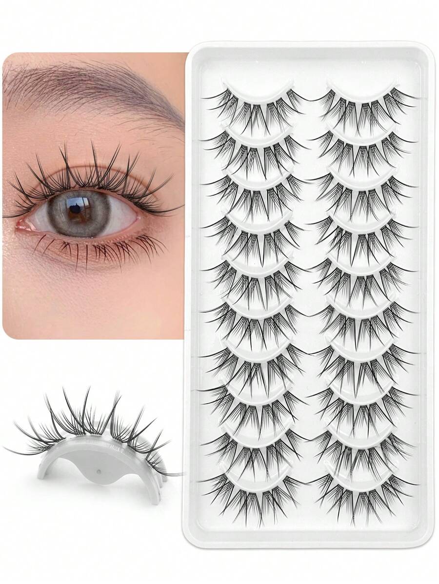 Asiteo 10 Pairs Natural Messy Style Manga False Eyelashes, Short Stalk Clear Band Lashes With A Wisp Wispy Manga Eye Effect For Cartoon Style Eye Makeup - Black - View 1
