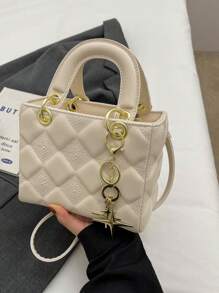 女士新款菱形图案手提包、托特包和斜挎包，简约时尚 - 米色 - 查看 7