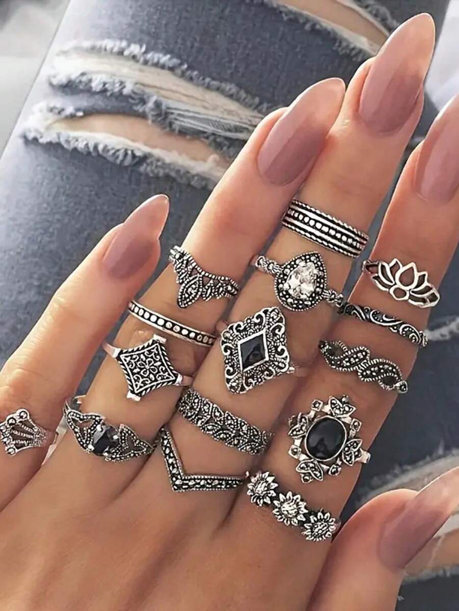 Set de 15 anillos de estilo gótico, anillos de nudillos vintage de estilo urbano y hip-hop, aptos para cualquier ocasión, regalo perfecto para las fiestas
