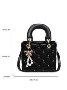 Minority High-End Dai Fei Handbag 2024 New Fashion Diamond Plaid Bow Pearl Pendant Handbag, Shoulder Messenger Bag, Gift, Travel Party Travel Essential. Winter Gifts - Black - View 7