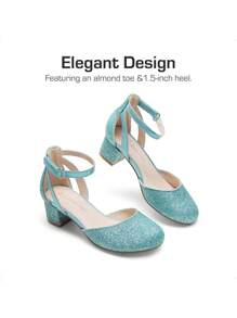 Girls Dress Shoes Closed Toe High Heels Ankle Strap Toddler Little Big Kid Wedding Flower Party Pump - 藍色 - 查看 5