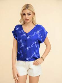 V-Neck Blouse With Short Sleeves, Embroidered And Openwork, - 藏蓝色 - 查看 3