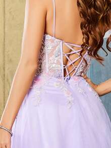 3D Flower Beads Sequin Appliques Ball Gown Mesh Prom Dresses Long Spaghetti Strap V-Neck Elaborate Formal Evening Party Gowns Homecoming Wedding Guest Dress - Mauve Purple - View 9