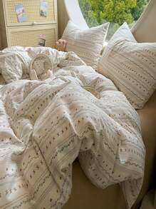 4 件套花卉蝴蝶结床上用品套装（1 * 羽绒被套 + 1 * 床单 + 2 * 枕套），花卉条纹图案，奶油色和米色法国乡村条纹，纯色床单，印花工艺，用途广泛，触感柔软，可机洗，羽绒被套和枕套不带内芯，返校季 - 米色 - 查看 5