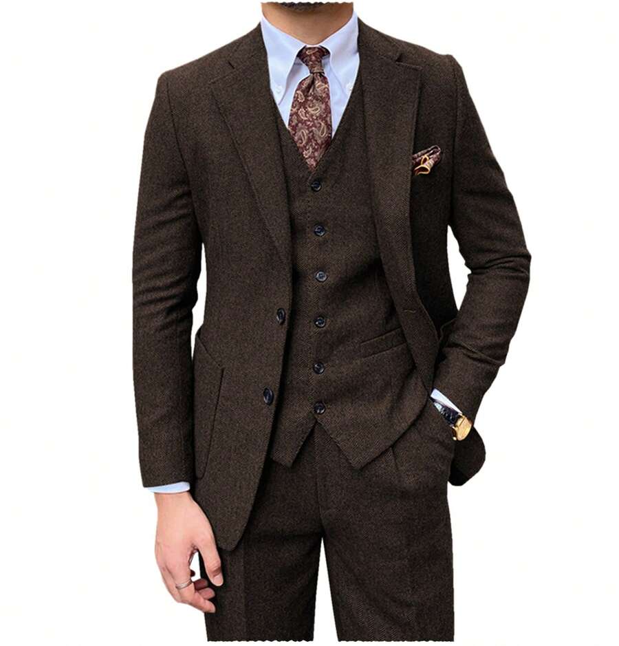 Retro Men's Herringbone Tweed Suit 3 Piece Set Wool Suits 1920's Themed Wedding Suit Vintage Style Groom Tuxedos Set Prom Jacket Blazer Vest Pants - 咖啡 - 查看 1