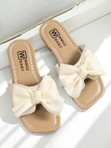 Girls' Solid Color Big Bow Style Square Toe Flat Sandals Are Lightweight And Breathable, Suitable For Home And Outdoor Use - Beige - View 3