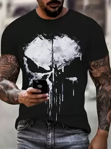 Camiseta Gráfica de Calavera para Hombre - Negra de Manga Corta con Cuello Redondo y Diseño de Calavera Blanca, Camiseta Casual de Verano para Hombres, Tejido Ligero de Poliéster, Perfecta para el Día de la Independencia o Atuendo Casual, Ropa de Exterior | Camiseta de Cuello Redondo | Camisa Ligera1pc de camiseta de 100% algodón con estampado digital - Negro - Ver 1