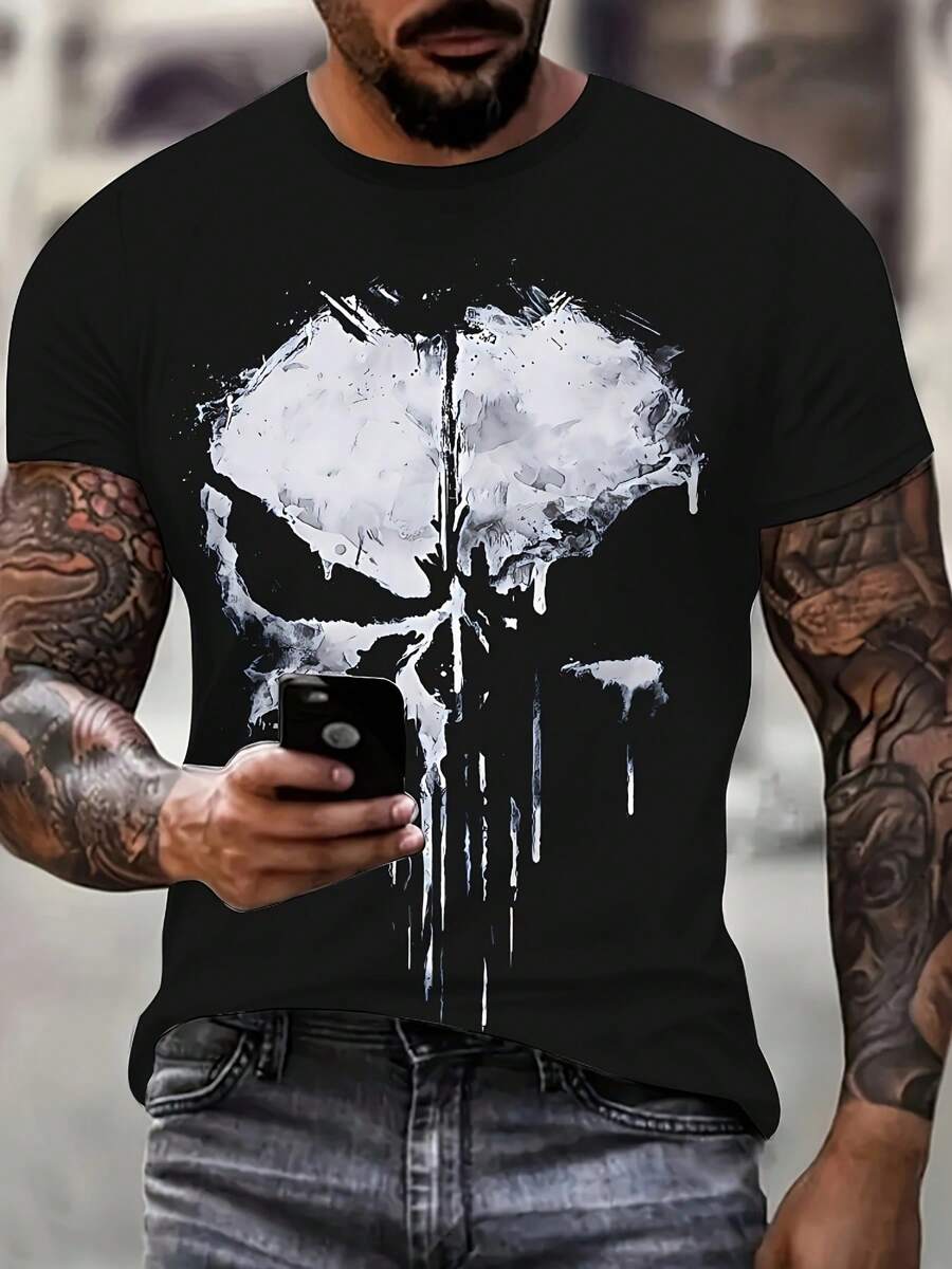 Camiseta Gráfica de Calavera para Hombre - Negra de Manga Corta con Cuello Redondo y Diseño de Calavera Blanca, Camiseta Casual de Verano para Hombres, Tejido Ligero de Poliéster, Perfecta para el Día de la Independencia o Atuendo Casual, Ropa de Exterior | Camiseta de Cuello Redondo | Camisa Ligera1pc de camiseta de 100% algodón con estampado digital - Negro - Ver 1