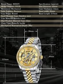 BIDEN 1 件男士腕表，自动机械商务休闲腕表，防水夜光不锈钢表带，男士钻石镂空腕表 - 均碼 - 查看 10