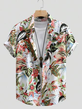 男士休闲几何印花短袖衬衫，春夏