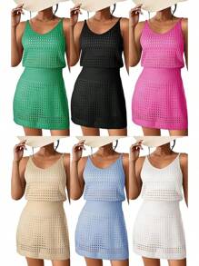 Summer Crochet Hollow Out Knit Beach Bathing Suit Swim Cover Ups Cruise Outfits Vacation Dresses For Women 2025 - 綠色 - 查看 4