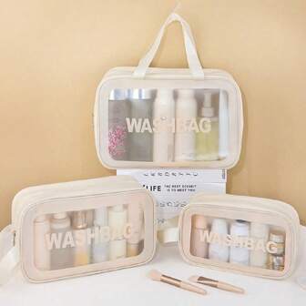 Set de 3 bolsas de almacenamiento de viaje impermeables con gráfico de letra, bolso portátil de gran capacidad, ideal para empacar cosméticos y artículos esenciales de viaje, organizador de maquillaje y cosméticos, estuche de maquillaje de gran capacidad para lápiz labial, brochas, cuidado de la piel, teléfono móvil, monedas, pequeños artículos, para el hogar, regalo, vacaciones