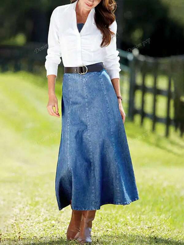 High Elastic Dark Blue Washed Denim Skirt