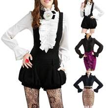 Women Vintage Victorian Button Down Shirts Stand Collar Frilly Ruffle Gothic Punk Blouses Retro Flared Sleeve Tops - màu đen - Xem 6