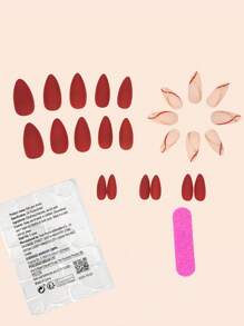 24 片杏仁形优雅勃艮第假指甲时尚条纹法式全覆盖假指甲，适合女性和女孩，立即提升您的外观，1 片果冻凝胶 + 1 条锉刀果冻凝胶，随机发货按压指甲美甲用品指甲 - 紅色 - 查看 2