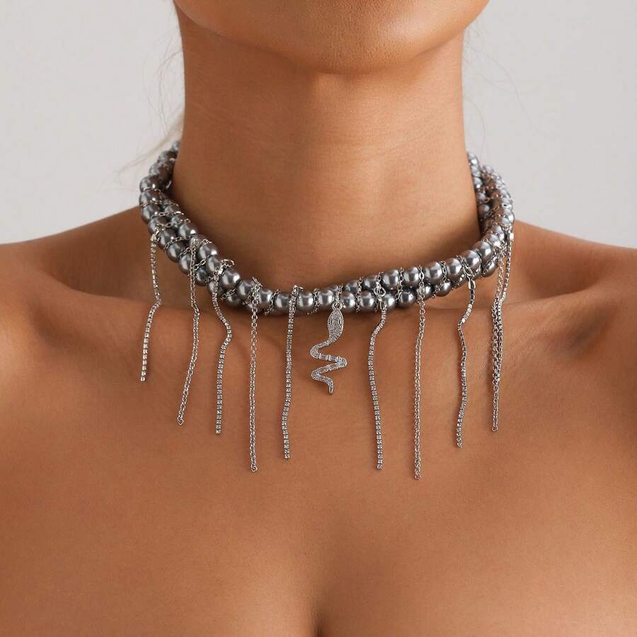 1pc European & American New Year Metal Snake Pendant Tassel Texture Necklace Chain, Delicate Choker Necklace Suitable For Women's Casual Daily Wear - Snake Necklace - View 1