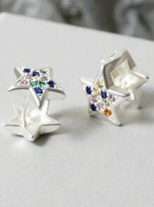 1 Cặp bông tai hình ngũ giác bằng đồng mạ Zirconia, thích hợp cho phụ nữ đeo hàng ngày - Bạc - Xem 4