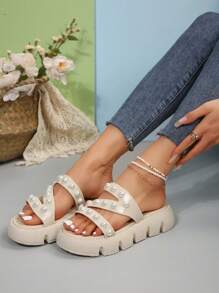 女士新款串珠装饰凉鞋，休闲海滩度假风格厚底舒适鞋，加大码，透气厚底，米色和黑色 - 米色 - 查看 2