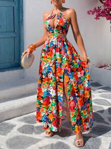 AIJ Vestido de verano de mujer Amarilo con estampado de flores romántico, cuello halter sexy, aberturas laterales y espalda abierta, estilo sexy de vacaciones (estampado aleatorio)