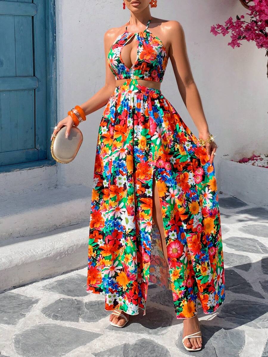 AIJ Vestido de verano de mujer Amarilo con estampado de flores romántico, cuello halter sexy, aberturas laterales y espalda abierta, estilo sexy de vacaciones (estampado aleatorio)