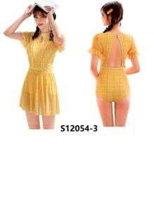"Estilo de verano | Traje de baño de una pieza ajustado con cintura alta" Diseño moderno y ajustado | Protección solar UPF50+ | Adecuado para vacaciones en la playa/entrenamiento de natación en muchos escenarios - Amarillo - Ver 2