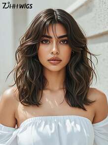 7JHH WIGS Brown Curly Wig Medium Length Wavy Wig With Bangs Heat Resistant Synthetic Hair Wig Shoulder Length Routine Wigs For Women Daily Use 16 Inch - Brown - View 2