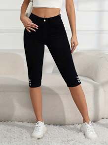 Women's Casual Elastic Tight-Fitting Capri Jeans - Black - View 4