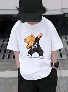 Camiseta de Manga Curta com Estampa Customizada de Urso, Gola Redonda de Manga Longa, Esportiva e Versátil, Confortável, Infantil e Toddler - Branco - Visão 2
