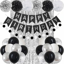 Black And Silver Happy Birthday Party Decorations,Black And White Birthday Decorations, Banner, Balloons Set, Foil Fringe Curtain, Tissue Pom Poms For Women Men, 50th Birthday Decorations, Birthday Decorations For Men Aluminum Foil Confetti Balloon - Black White Silver Party Set - View 1