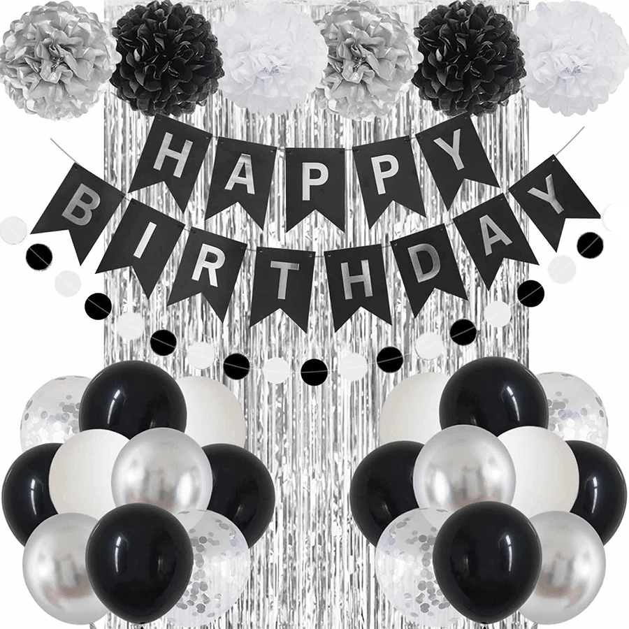 Black And Silver Happy Birthday Party Decorations,Black And White Birthday Decorations, Banner, Balloons Set, Foil Fringe Curtain, Tissue Pom Poms For Women Men, 50th Birthday Decorations, Birthday Decorations For Men Aluminum Foil Confetti Balloon - Black White Silver Party Set - View 1