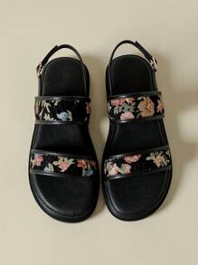 女士厚底单带搭扣凉鞋，黑色随机印花波西米亚复古风露趾舒适坡跟鞋，适合夏季海滩、春秋季穿着，尺码41-43 - 黑色 - 查看 6