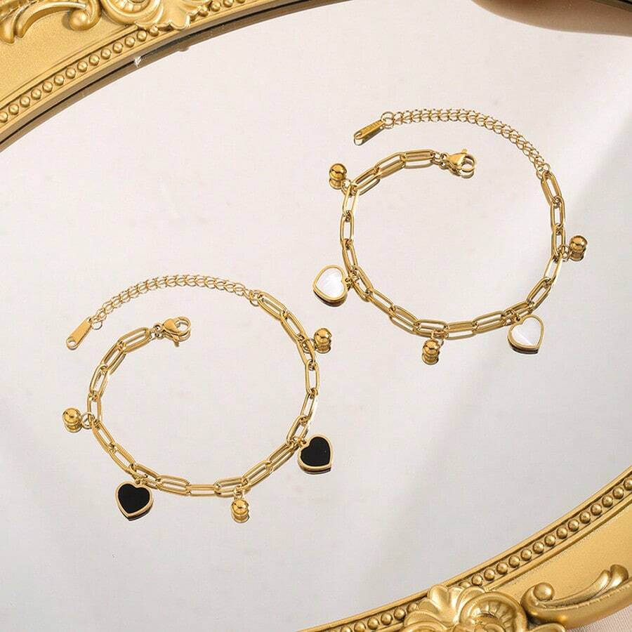 1 件优雅简约镀金不锈钢黑白贝壳心形珠子吊坠链手链，百搭配饰 - 愛心圓珠吊墜手鍊 - 查看 1