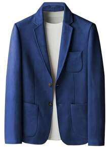 Mens Blazer Suede Jacket Casual 2 Buttons Sport Coat Faux Leather Suit Slim Fit Jacket With Lapel Collar Long Sleeves, Stylish For Business Or Leisure Occasions - 寶藍色 - 查看 2