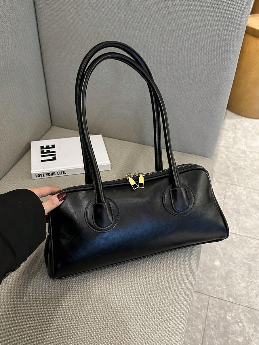 复古腋下时尚法棍单肩手提包 - 黑色 - 查看 1