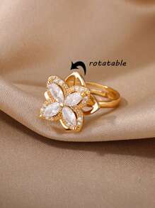 1 pièce Bague à cristaux de luxe en forme de flocon de neige pour femmes. Bague rotative, anti-stress, réglable, cadeau de mode bijoux anti-anxiété